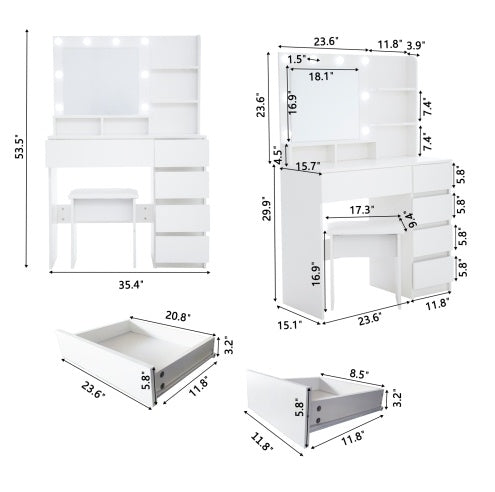Vanity, Makeup Vanity Desk Set With Mirror Light, Dressing Table Storage Lots With Power Strip, 3 Lighting Modes With Adjustable Brightness, 37 Inches White With Stool