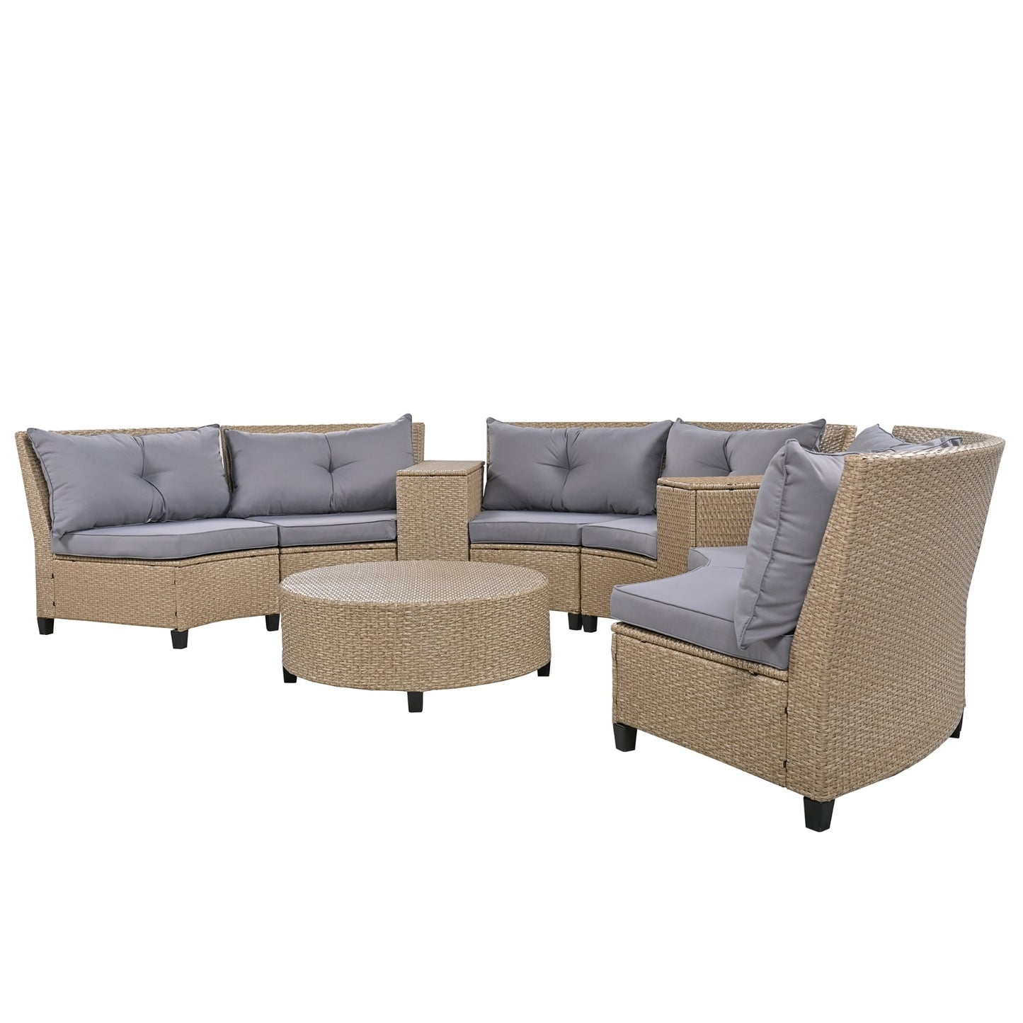 U Style 6-Person Fan-Shaped Rattan Set With Cushions Table