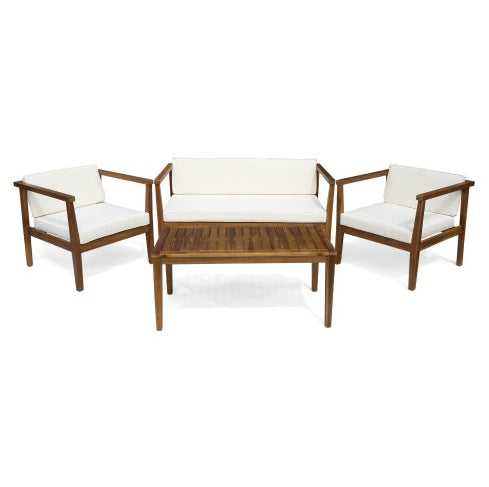 Outdoor 4-Seater Acacia Wood Chat Set With Coffee Table With Cushions, Teak And Beige