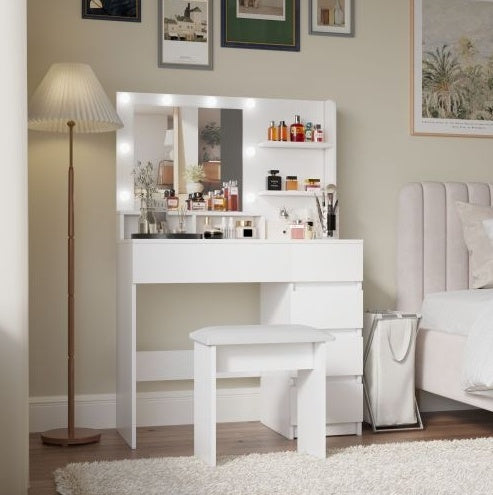 Vanity, Makeup Vanity Desk Set With Mirror Light, Dressing Table Storage Lots With Power Strip, 3 Lighting Modes With Adjustable Brightness, 37 Inches White With Stool