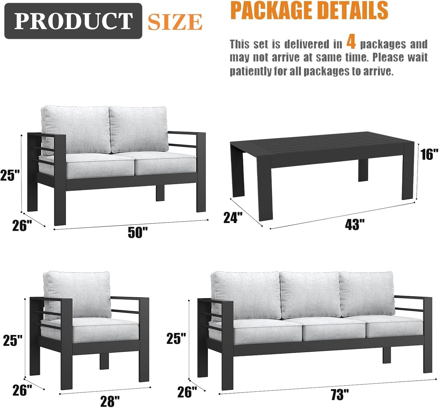 5 Pieces Modern Aluminum Patio Furniture Set, Outdoor Conversation