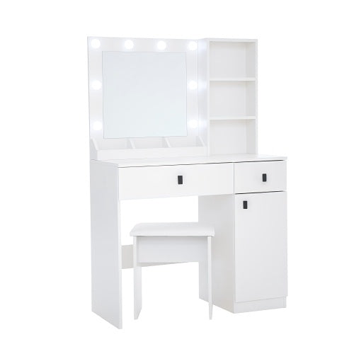Vanity, Makeup Vanity Desk Set With Mirror Light, Dressing Table Storage Lots With Power Strip, 3 Lighting Modes With Adjustable Brightness, 37 Inches White With Stool