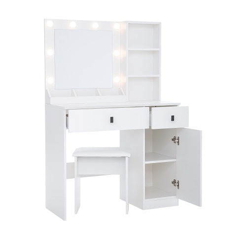 Vanity, Makeup Vanity Desk Set With Mirror Light, Dressing Table Storage Lots With Power Strip, 3 Lighting Modes With Adjustable Brightness, 37 Inches White With Stool