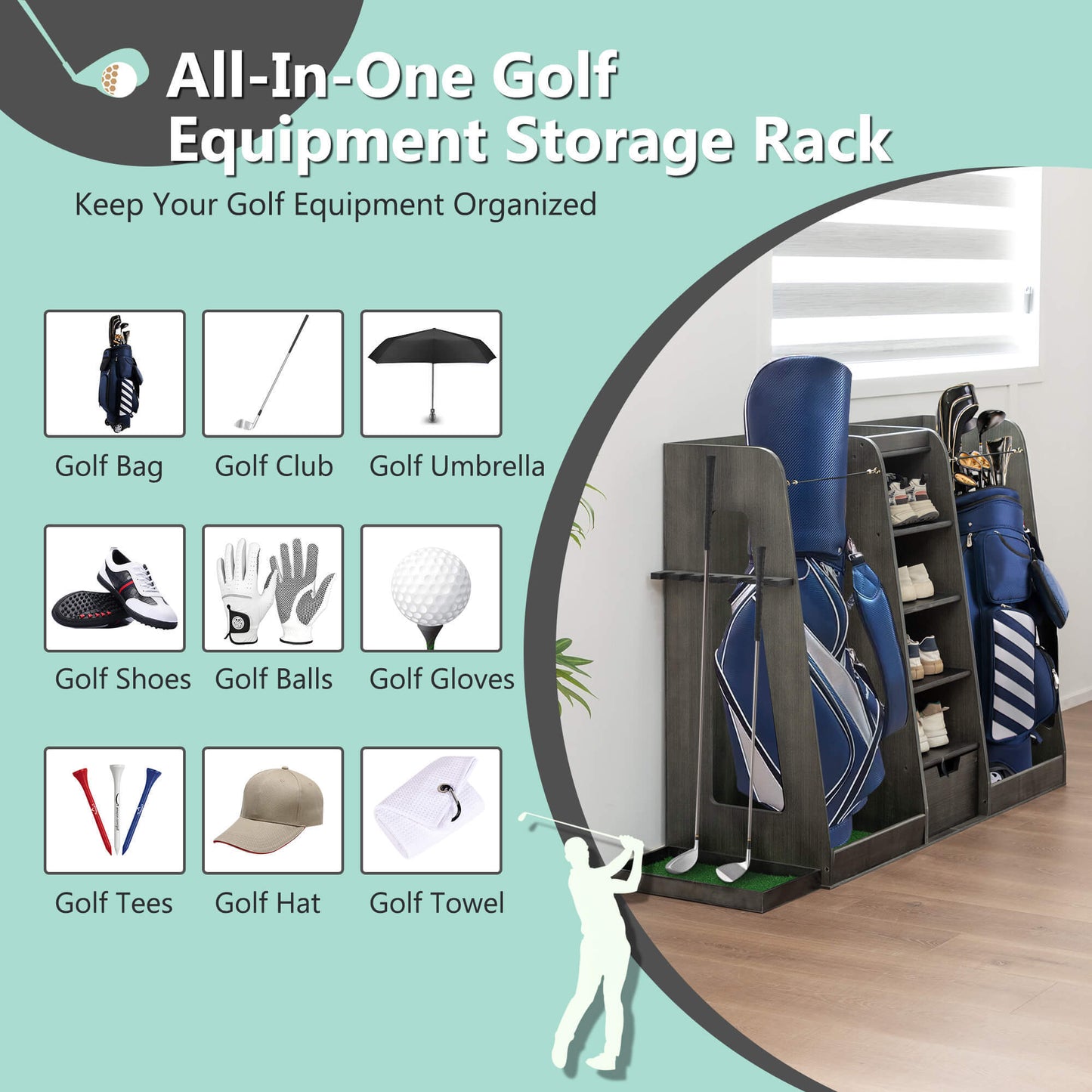 Wooden Golf Bag Organizer And Storage Rack
