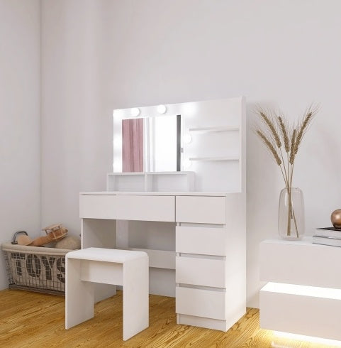 Vanity, Makeup Vanity Desk Set With Mirror Light, Dressing Table Storage Lots With Power Strip, 3 Lighting Modes With Adjustable Brightness, 37 Inches White With Stool