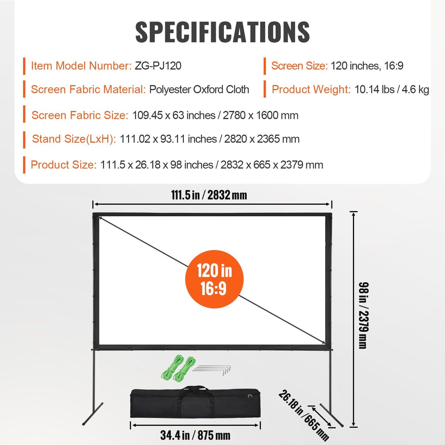 VEVOR Projector Screen With Stand, 120 Inch 4K 1080 HD Outdoor Movie Screen With Stand, Wrinkle-Free Projection Screen With Bar Feet And Carry Bag, For Home Theater Cinema Backyard Movie Night