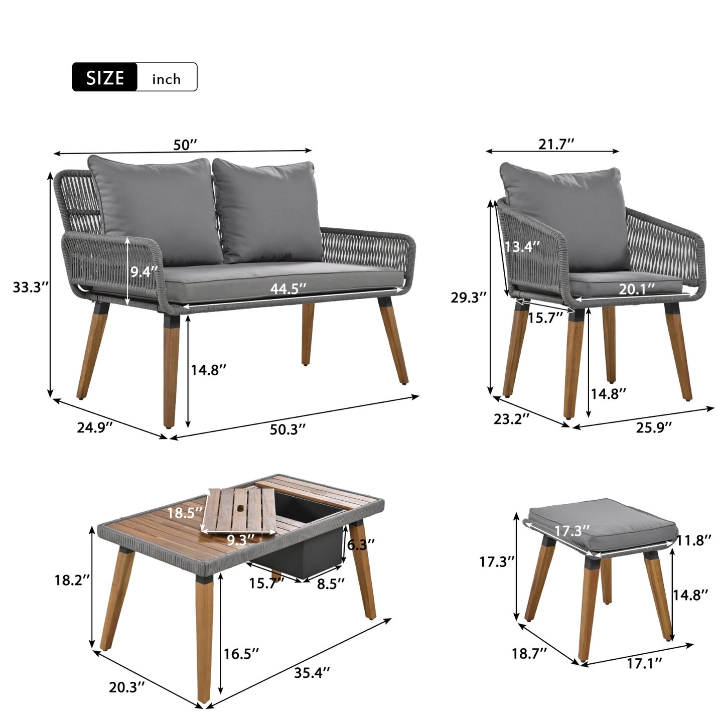 K&K 6-Piece Rope Patio Furniture Set, Outdoor Furniture With Acacia Wood Cool Bar Table With Ice Buc