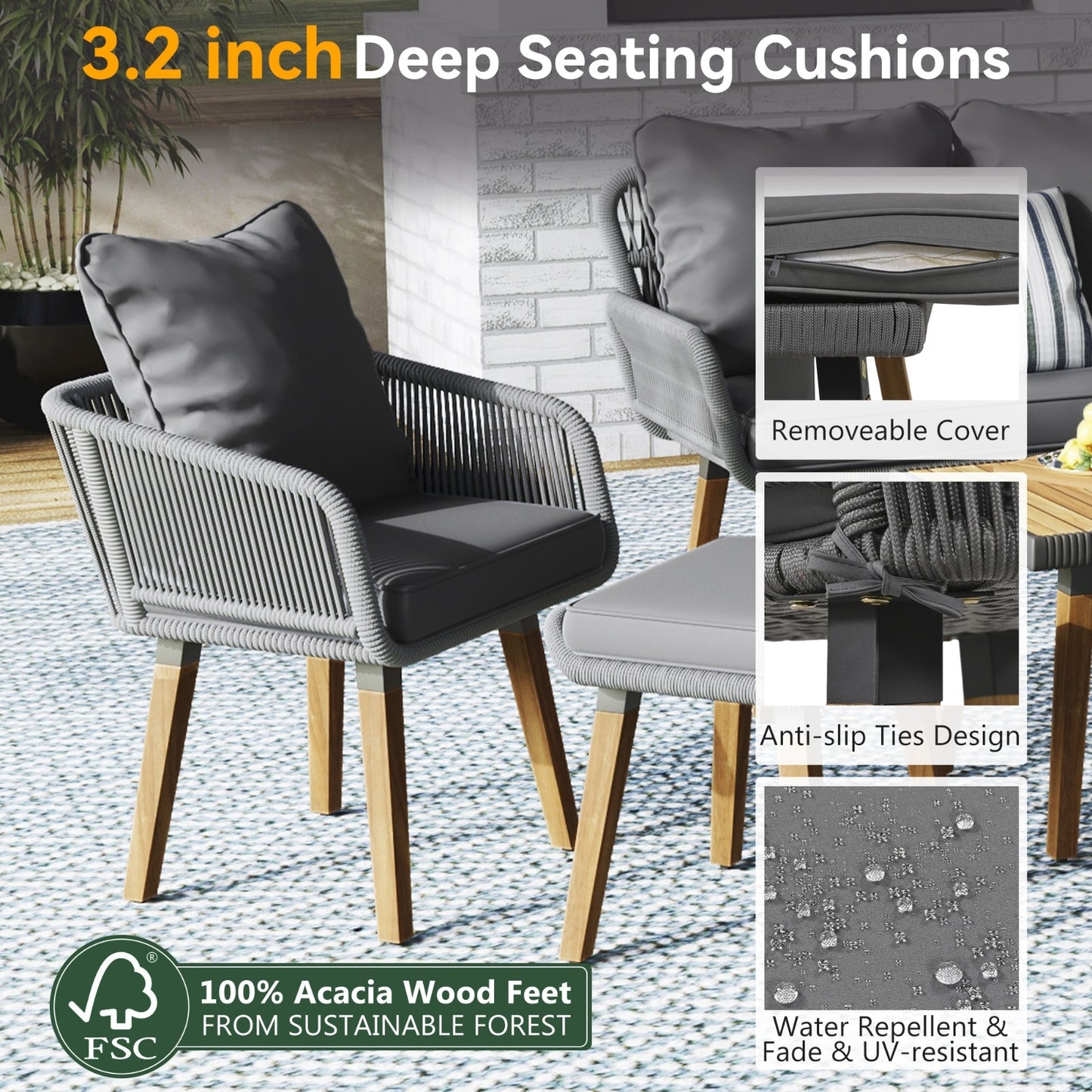 K&K 6-Piece Rope Patio Furniture Set, Outdoor Furniture With Acacia Wood Cool Bar Table With Ice Buc