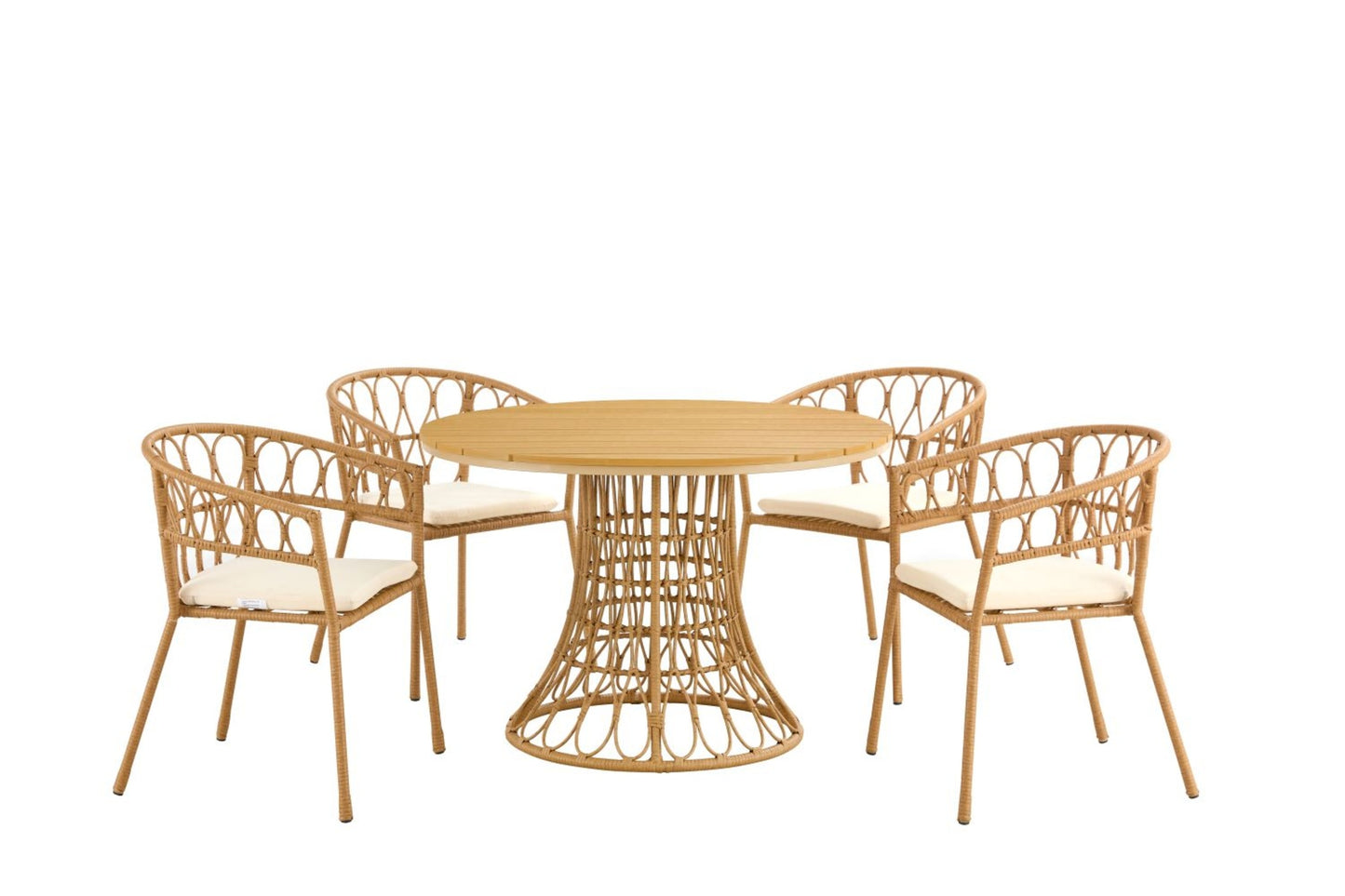 Outdoor Dining Simple Bamboo Chair Table , PE Ratten Round Table 110CM Plastic Wood Top
