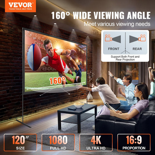 VEVOR Projector Screen With Stand, 120 Inch  4K 1080 HD Outdoor Movie Screen With Stand, Wrinkle-Free Projection Screen With Bar Feet And Carry Bag, For Home Theater Cinema Backyard Movie Night